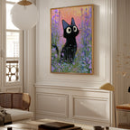 Cat in Violette Meadow Poster i ram i stilren miljö