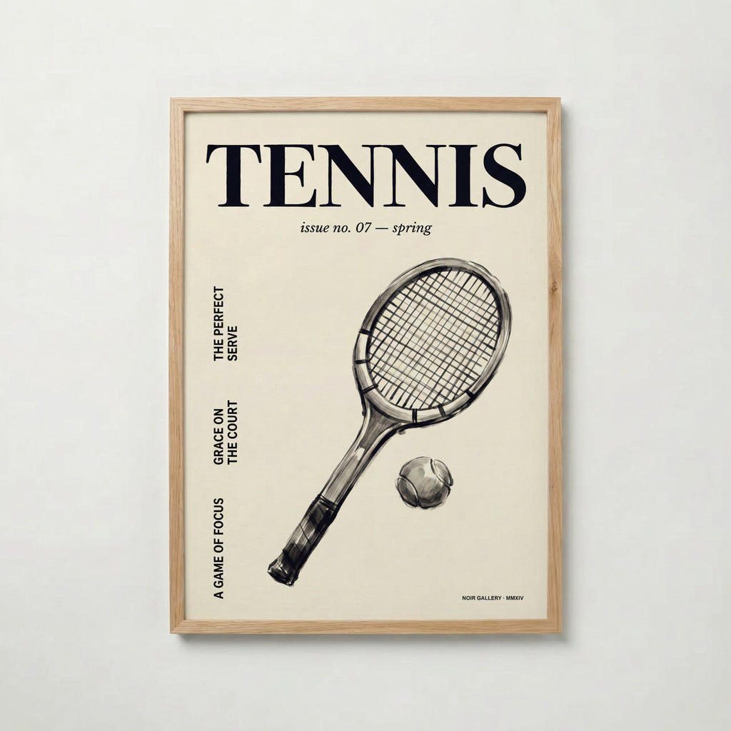 Vintage Tennis Cover affisch i ekram med tennisracket och boll, vintage sportmotiv från Bozetto