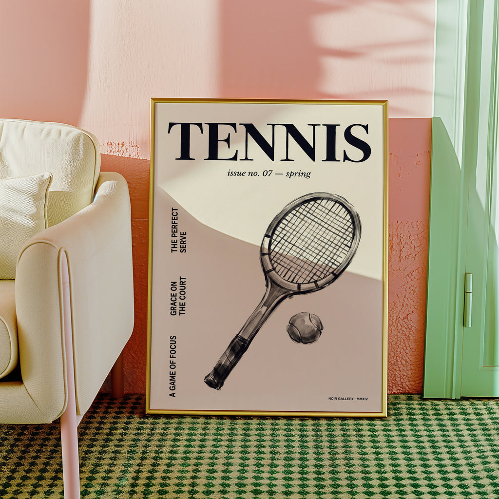 Vintage Tennis Cover inredningsaffisch med retro tennistema i varm gräddvit ton, leverans 1 till 3 dagar från Bozetto
