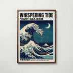 Whispering Tide affisch i valnötsram med teal och indigo havsmotiv