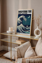 Whispering Tide poster i ram på byrå i ljust skandinaviskt vardagsrum