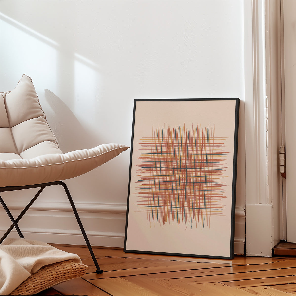 Woven Ember Poster i inramat vardagsrum med varm skandinavisk inredning