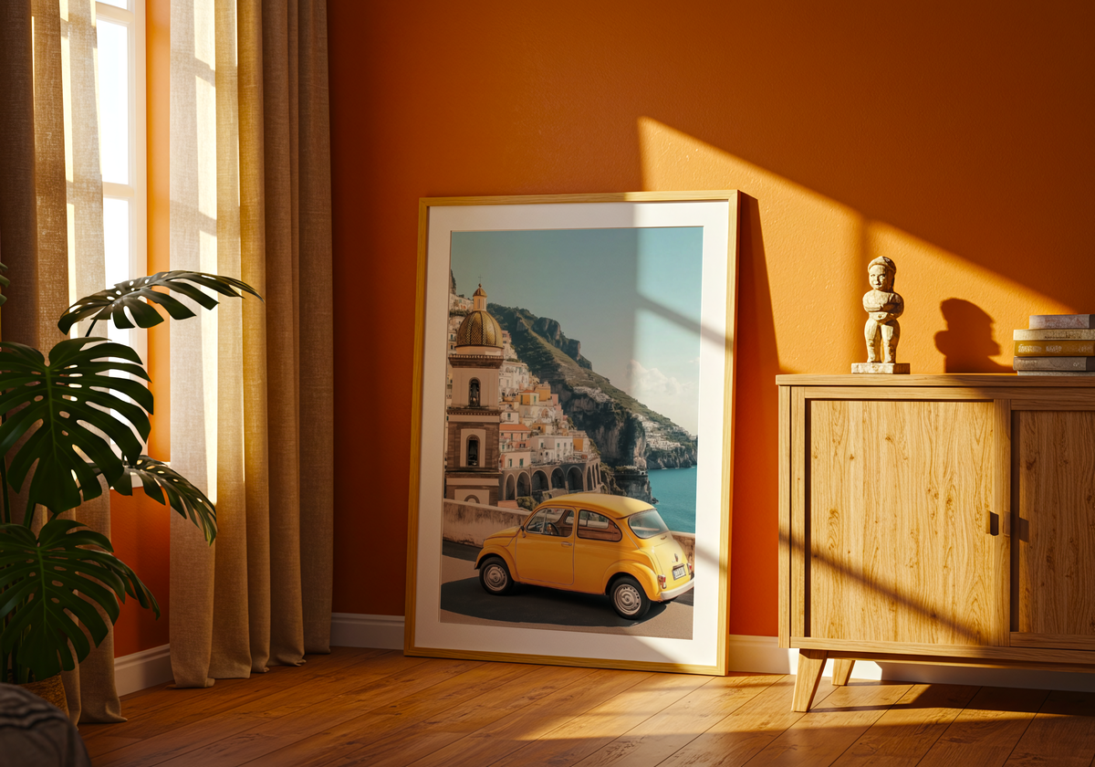 Amalfi Coast Car Poster – modern konst och stilren konsttryck för hemmet hos Bozetto